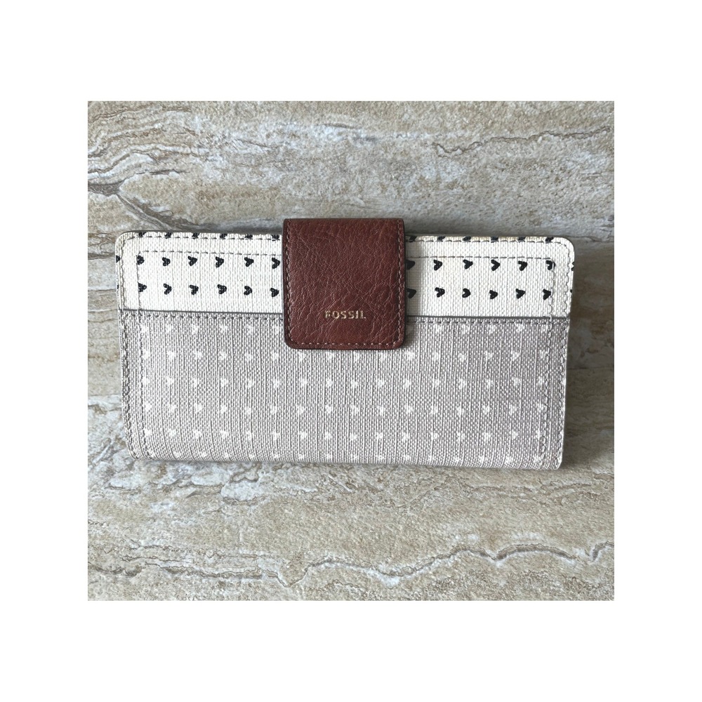 Fossil Wallet Women One Size Brown Canvas Hearts Polka Dot Slim Bifold Clutch